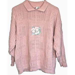 Vintage Isle of Cotton Sweater Women's L Pullover Embroidered Soft Pink Floral